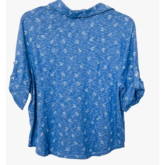 REBECCA MALONE SHORT SLV POINTED COLLAR V-NECK TOP, WOMENS, 1X, BLUE, ANCHORS - Picture 6 of 12